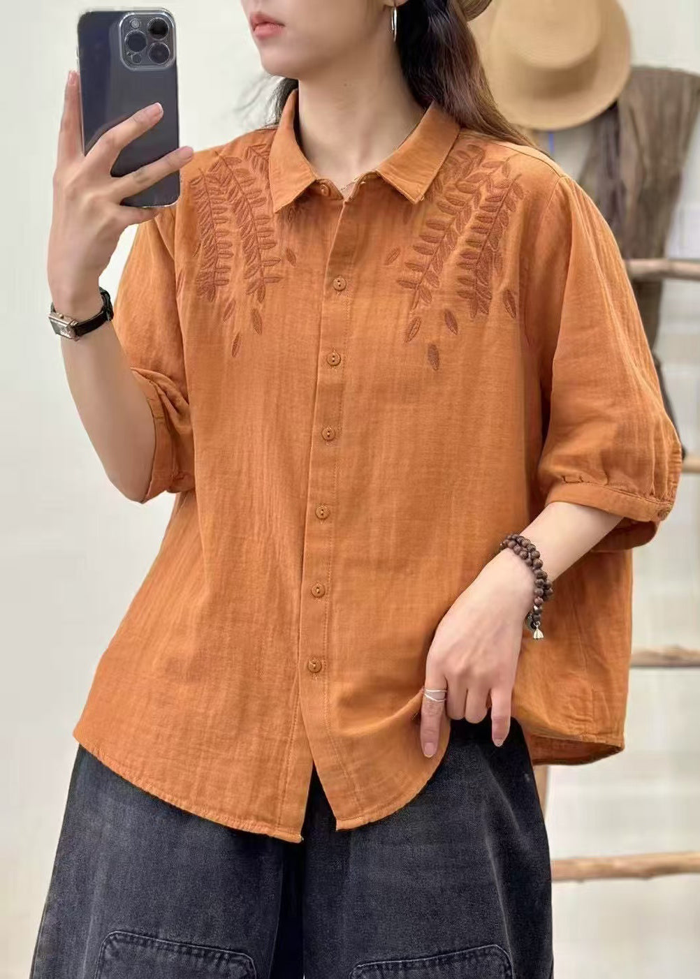 Orange Embroidered Cotton Blouse Top Summer