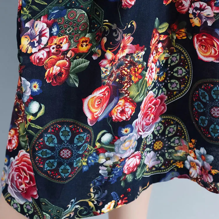 Black Long Linen Dress Prints Cotton Dress Short Sleeve Linen Dress
