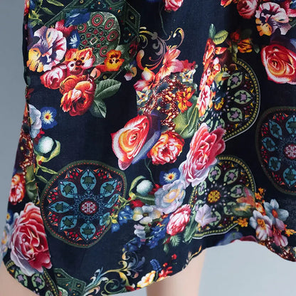 Black Long Linen Dress Prints Cotton Dress Short Sleeve Linen Dress
