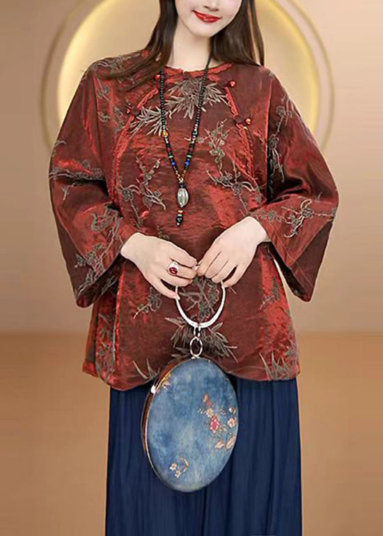 Red O Neck Oriental Button Jacquard Silk Top Fall