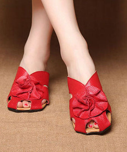 Red Cowhide Leather Splicing Chunky Slide Sandals