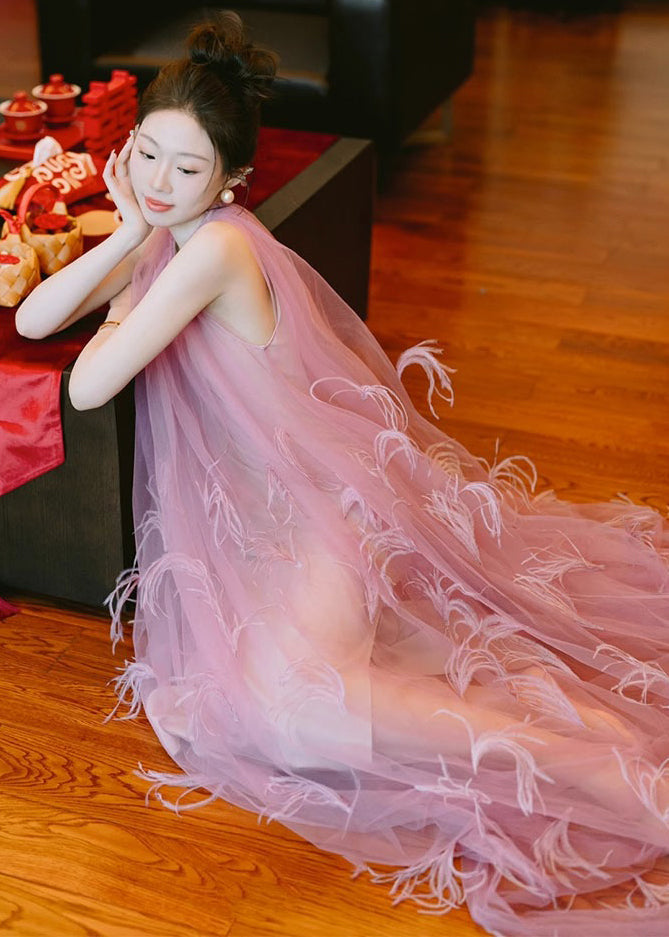 Pink O Neck Feather Patchwork Tulle Maxi Dress Sleeveless