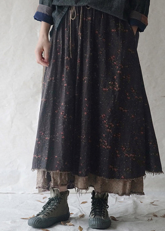Black Elastic Waist Drawstring Print a Line Skirt Spring