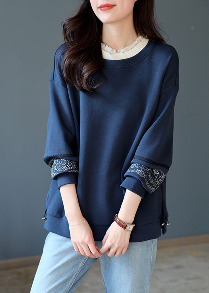 Loose Navy Blue O-neck Lace Patchwork Bright Silk Sweatshirts Long Sleeve