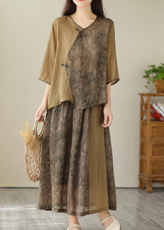 Khaki Print Linen Top and a Line Skirts Two Pieces Set Summer
