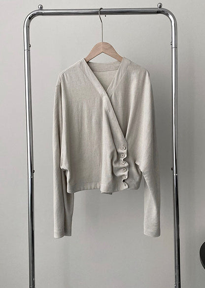Apricot V Neck Asymmetrical Cozy Top Long Sleeve