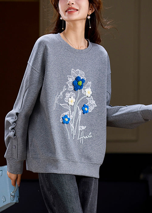 Loose Grey O Neck Patchwork Cotton Sweatshirt Spring