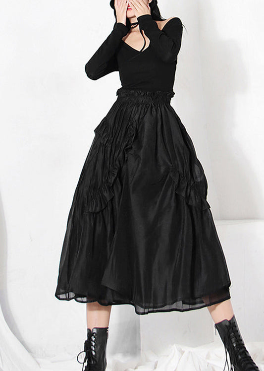 Fine Black Wrinkled Patchwork Skirt Spring