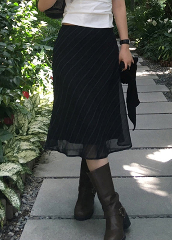 Navy Striped High Waist Patchwork Chiffon Skirt Summer