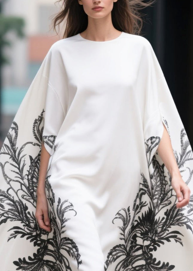White Oversized Print Cotton Vacation Dresses Batwing Sleeve