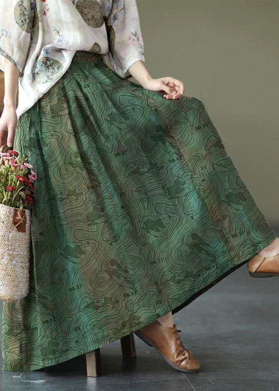 Blue Stripes Print Ramie Elastic Waist Skirt