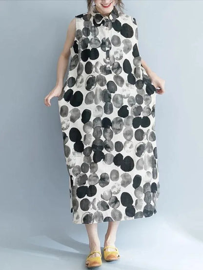 Black Dotted Cotton Quilting Clothes Turn-down Collar Sleeveless Dresses