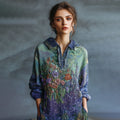 Women's Oil Painting Floral Contrast Color Sequined Button Polo Shirt elevenforest