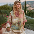 Women's Scenery Oil Painting Floral Patchwork Comfy Shirt elevenforest