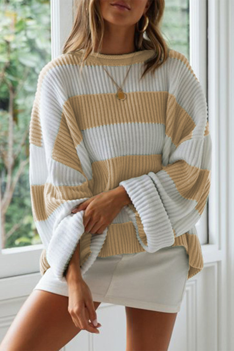 Sweet Striped Contrast O Neck Sweaters(5 Colors)