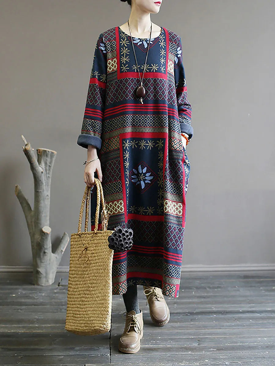 Winter Pocket Print Loose Dress