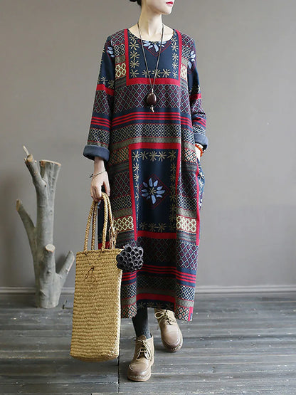 Winter Pocket Print Loose Dress