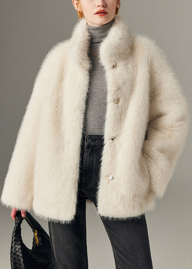 Italian White Stand Collar Pockets Leather and Fur Coat Winter