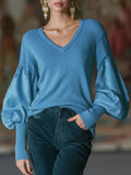 V-neck Long-sleeved Puff-sleeved Pullover Sweater