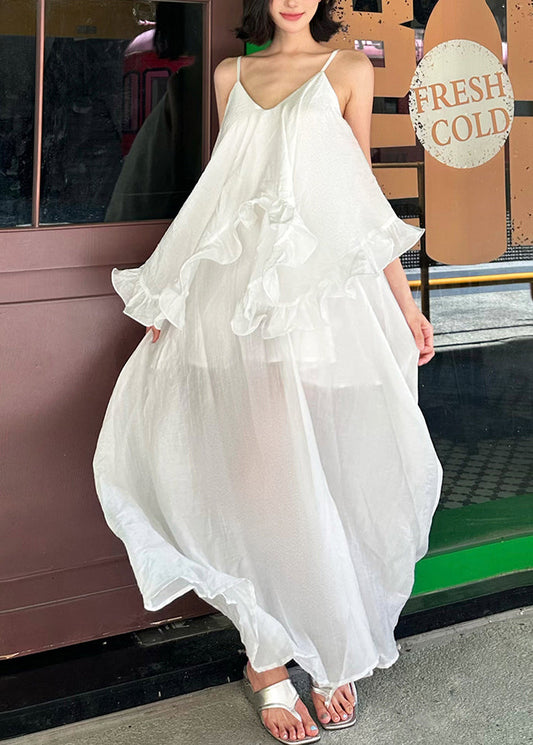 White Ruffled Patchwork Cotton Spaghetti Strap Dress Summer