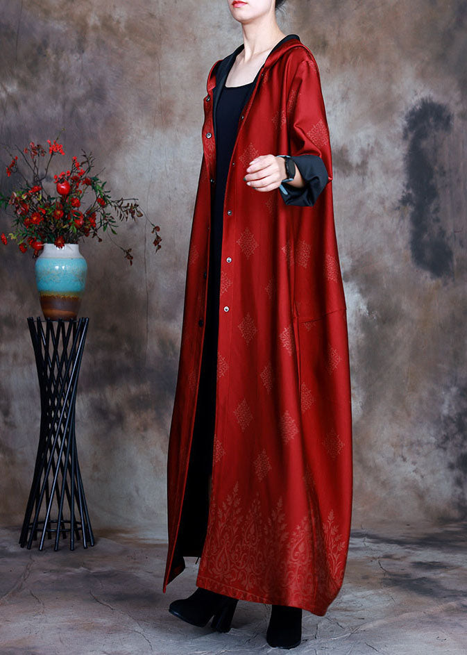 Red Satin Trench Coats Asymmetrical Design Button
