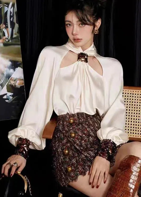 Loose White Sequins Shirts and Skirts Silk Cotton Two Pieces Set Long Sleeve