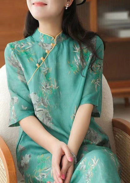 Green Stand Collar Print Cotton Cheongsam Dress Short Sleeve