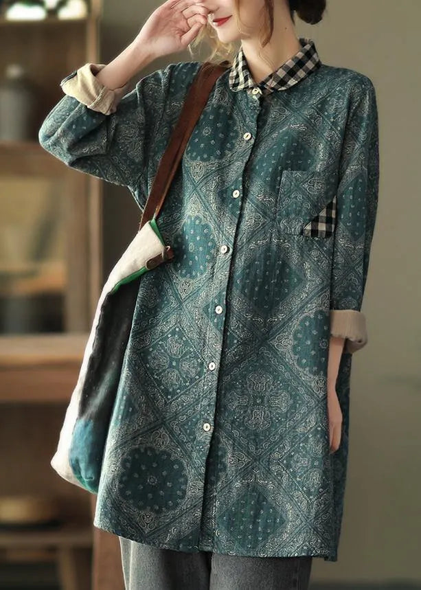 Classy Green Plaid Shirts Lapel Pockets Baggy Spring Tops
