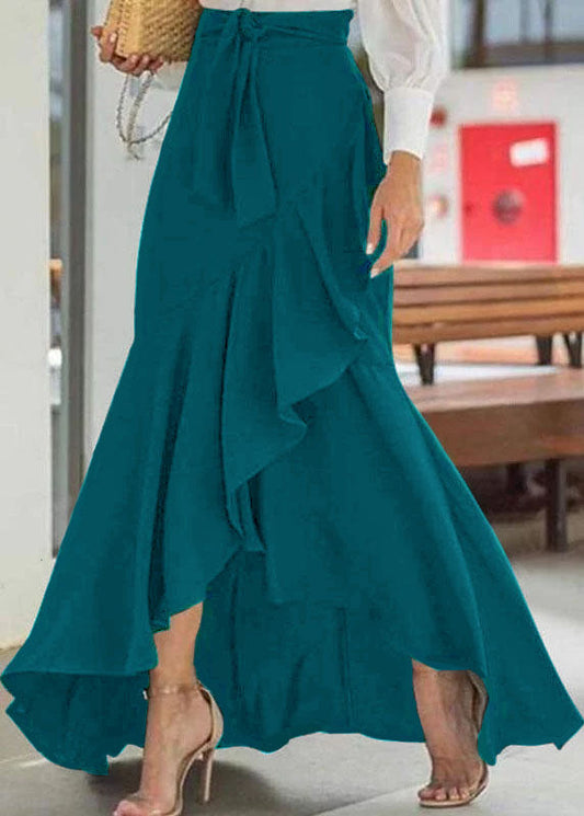Blue Color High Waist Ruffle High Low Hem Swing Maxi Skirts for
