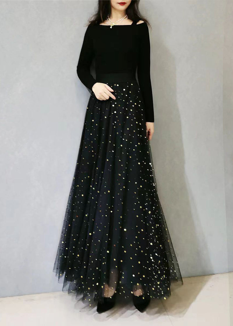 Black Print Wrinkled Elastic Waist Tulle Skirts Spring