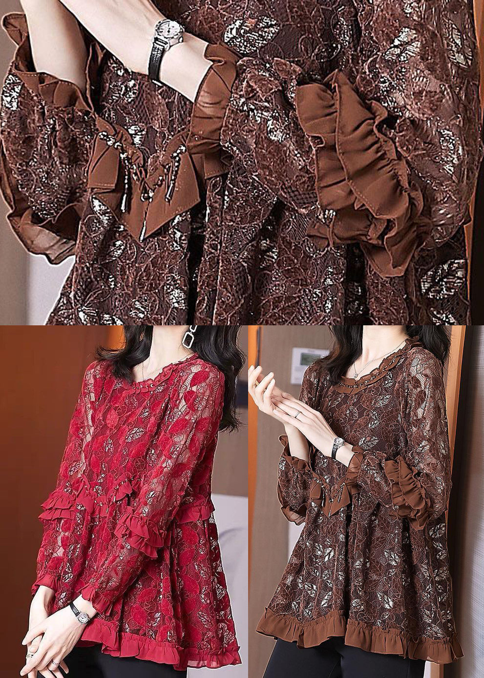 Mulberry Ruffled Patchwork Lace Blouse Tops Spring