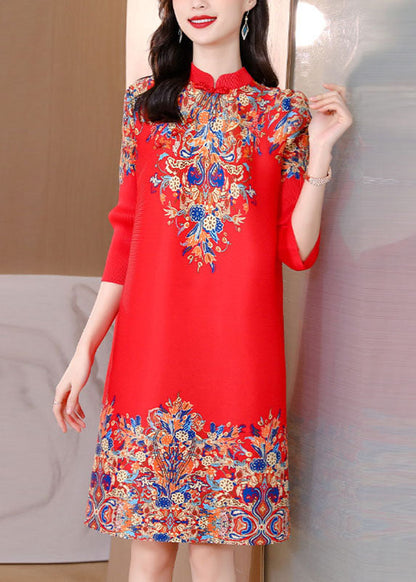 Red Print Silk Mid Dress Mandarin Collar Oriental Button Half Sleeve
