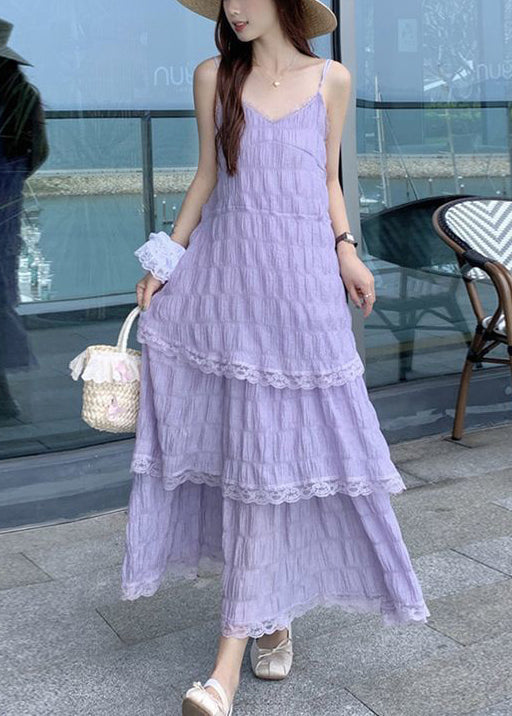 Purple V Neck Lace Cotton Spaghetti Strap Dress Sleeveless
