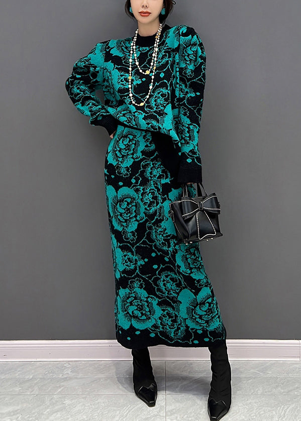 Green O-neck Print Top and Maxi Skirts Two Piece Set Fall