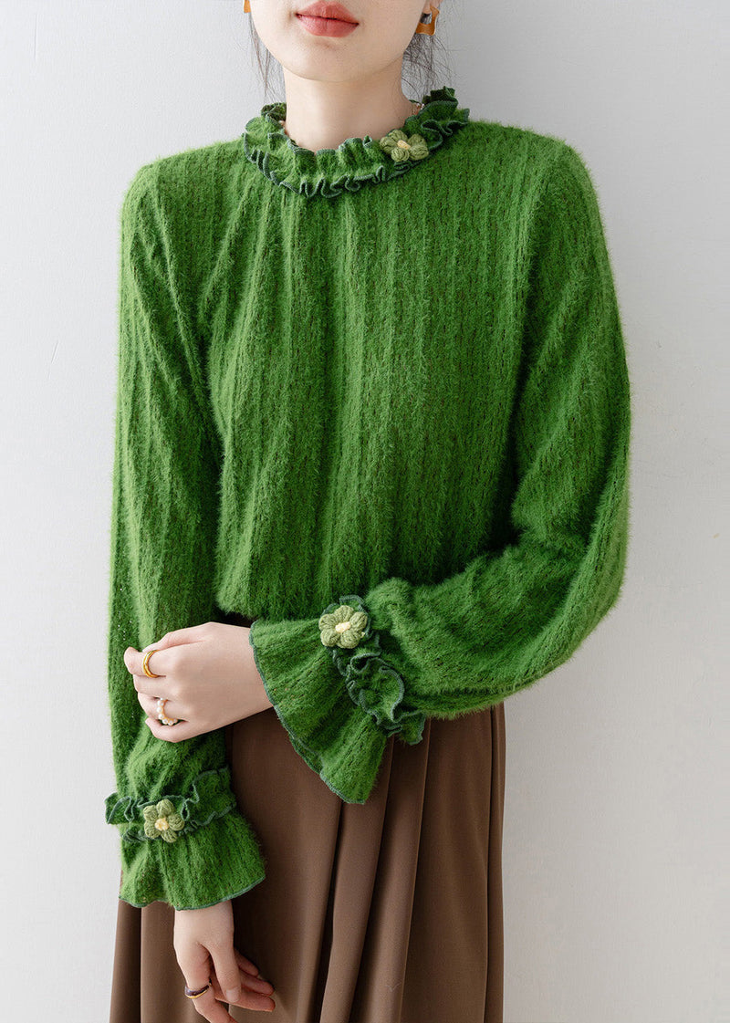 Unique Tea Green Ruffled Knit Top Flare Sleeve