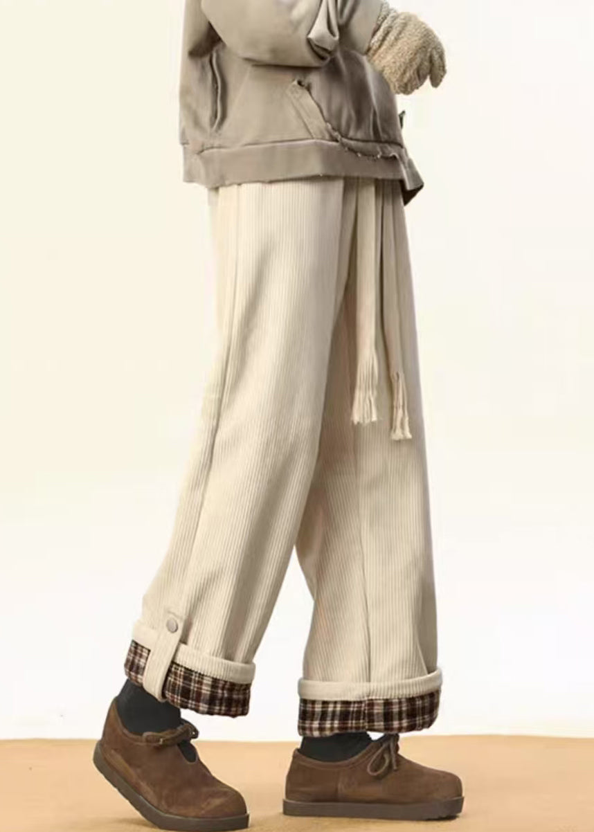 Stylish White Plaid Lace Up Warm Fleece Corduroy Pants Winter