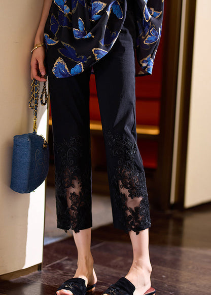 Black Embroidered Elastic Waist Cotton Crop Pants Summer