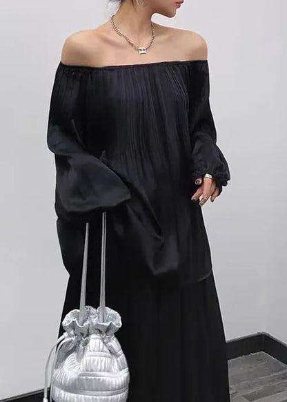 Black Wrinkled Tops and Skirts Cotton Two Pieces Set Long Sleeve
