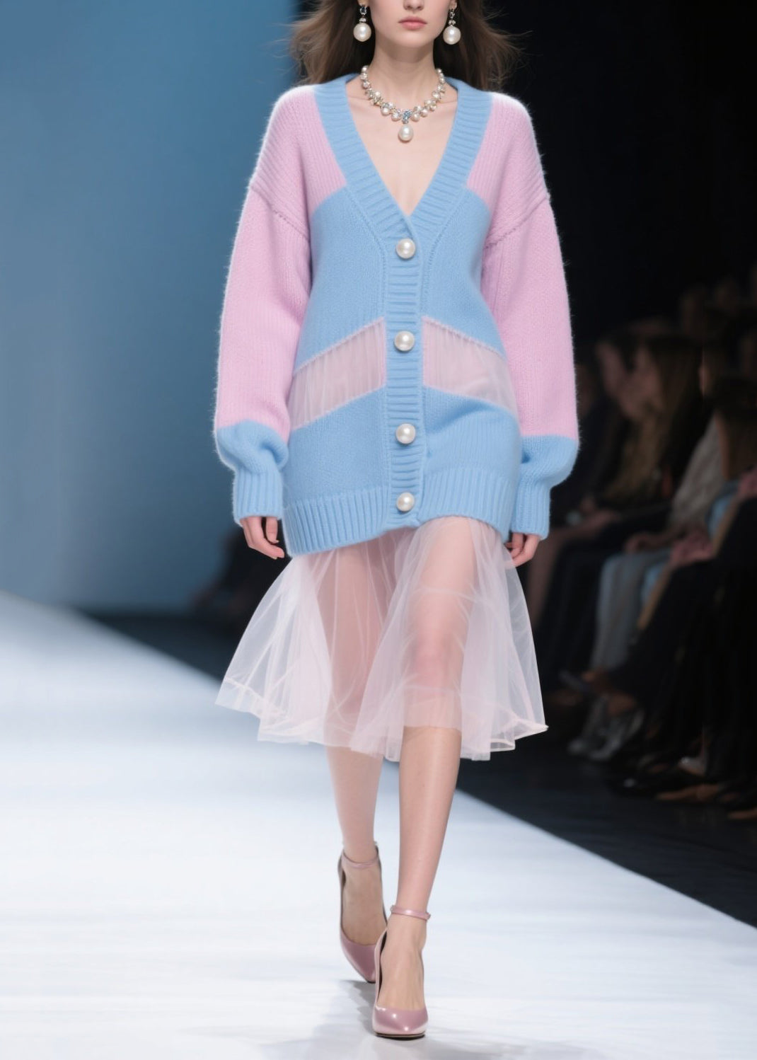 Colorblock Hollow Out Patchwork Tulle Knitwear Dress Fall