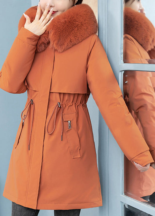 Loose Orange Fur Collar Pockets Drawstring Warm Fleece Coats Winter