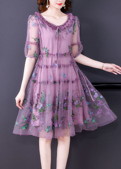 Purple Embroidered Tulle Holiday Dress Short Sleeve
