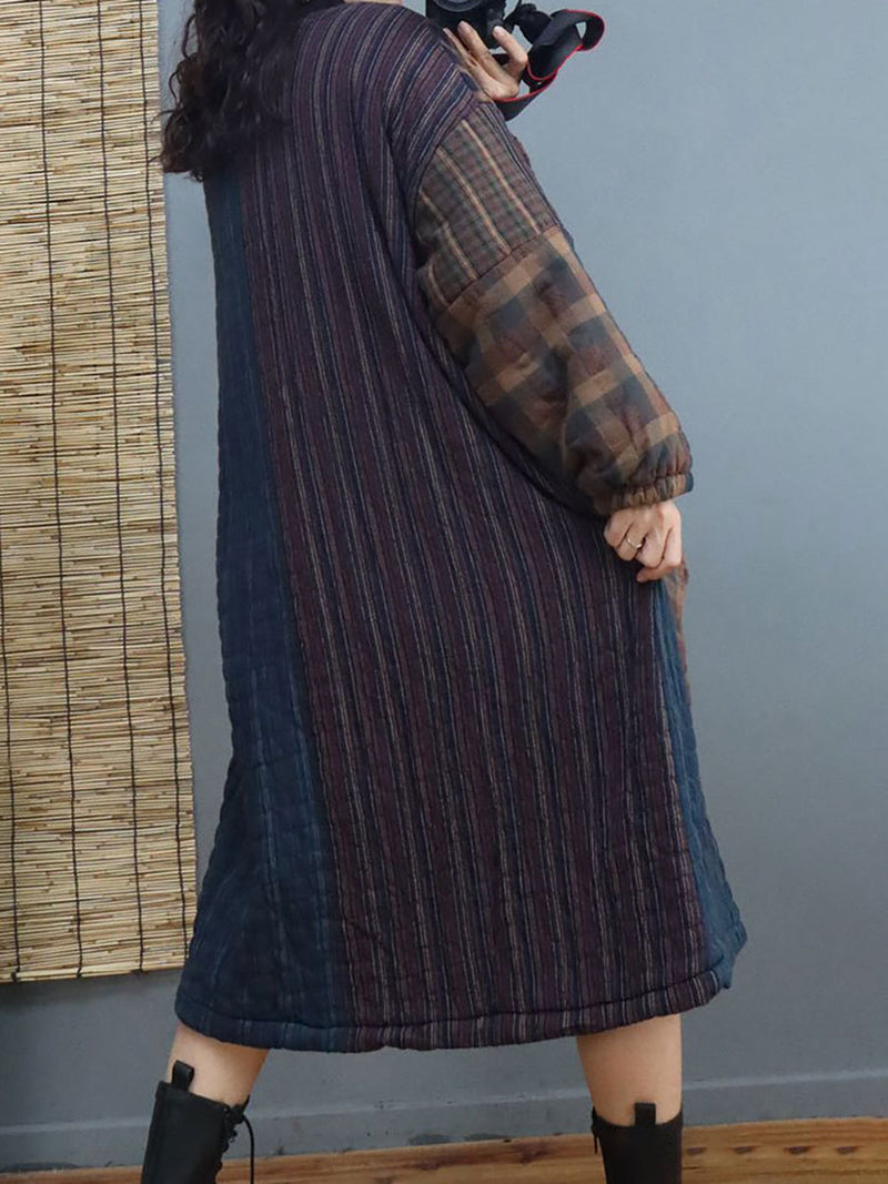 Thick Plaid Large Pocket Round Neck Padded Dress