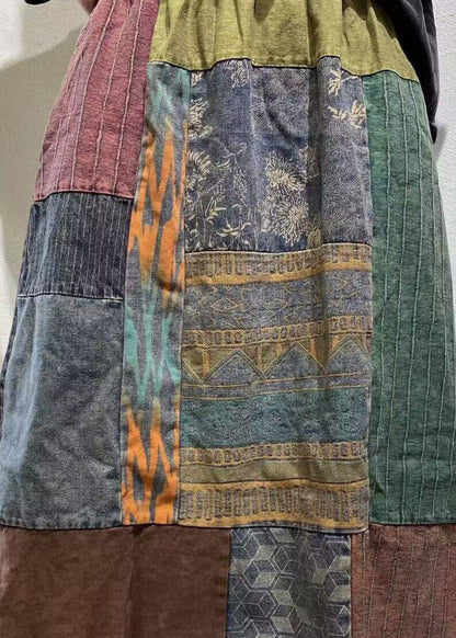 Colorblock Wrinkled Elastic Waist Patchwork Cotton Skirts Spring