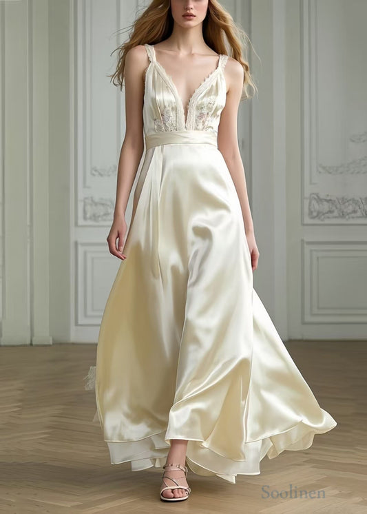 Milk White Exra Large Hem Draping Silk Party Dresses Summer