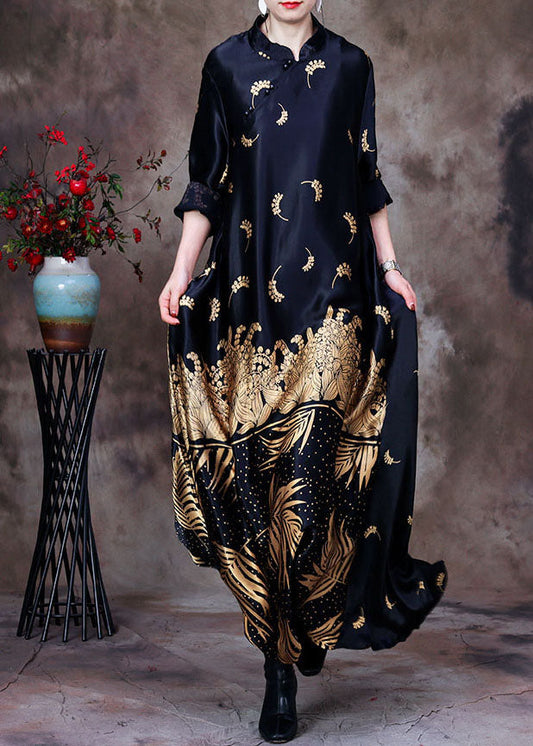 Black Mandarin Collar Print Silk Long Dress Gown Long Sleeve