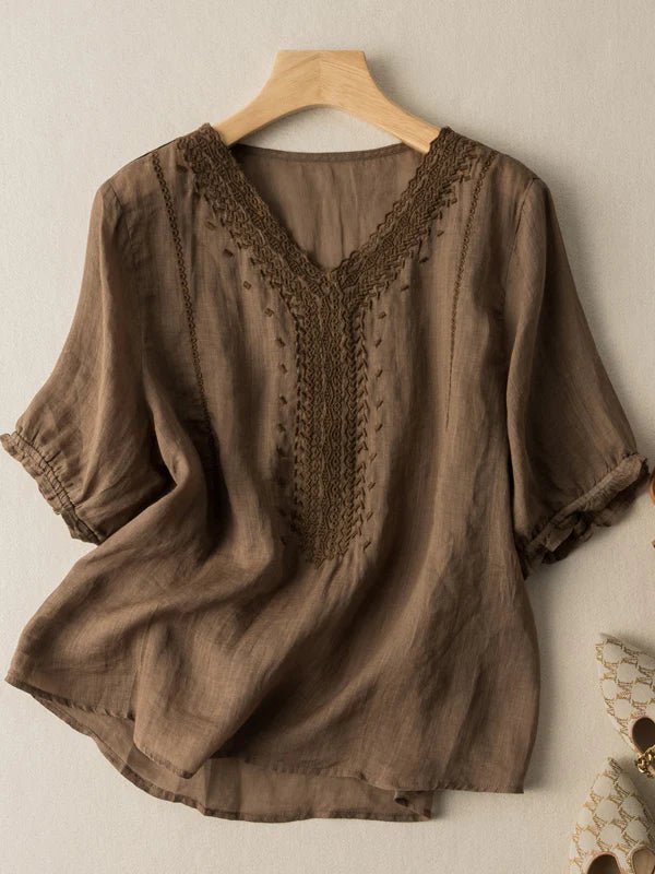 Color V Neck Short Sleeve Linen Top