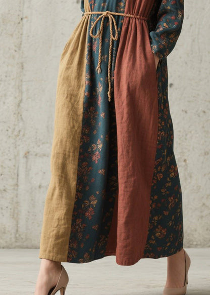 Colorblock Cinched Print Cotton Robe Dresses Fall