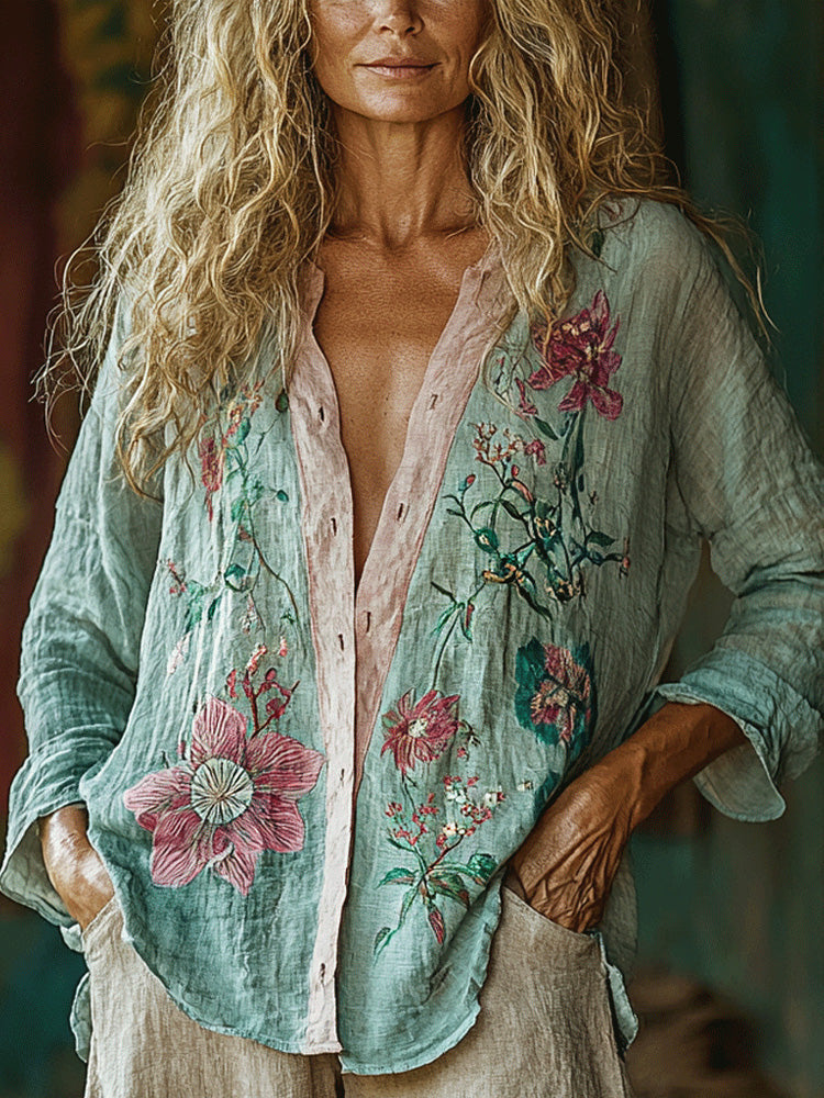 Women's Casual Bohemian Linen Floral Style Long-sleeve Top Shirt elevenforest