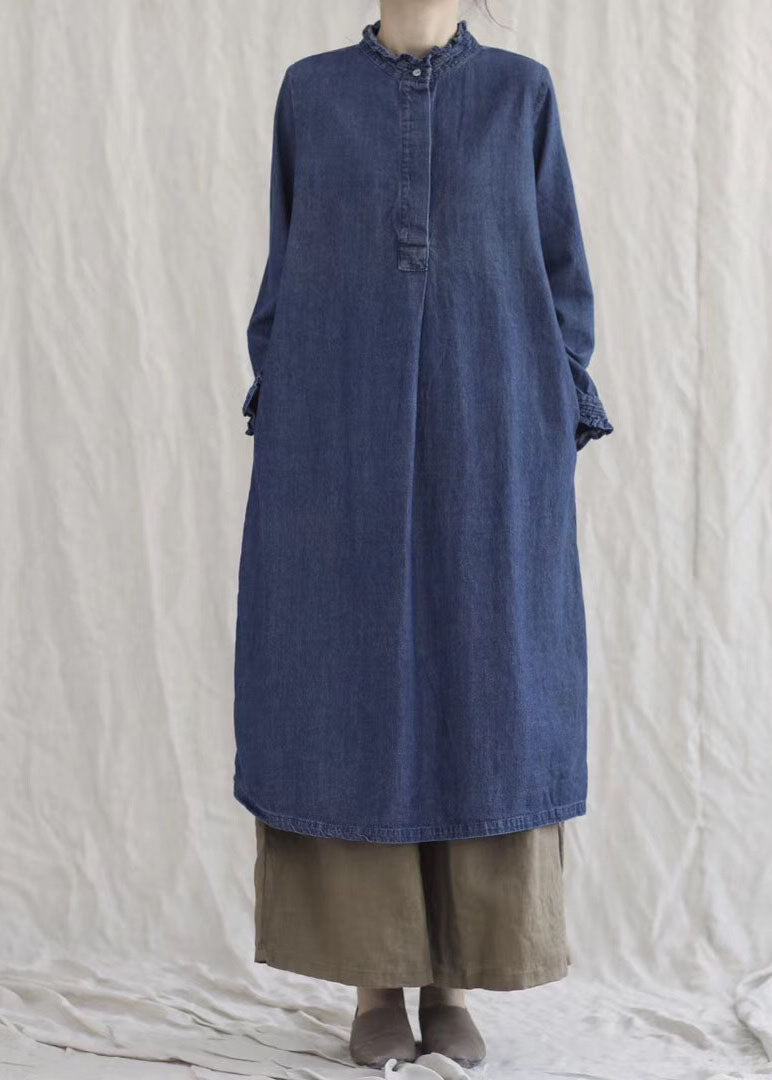 Style Blue Ruffled Pockets Denim Ankle Dress