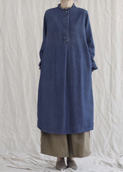 Style Blue Ruffled Pockets Denim Ankle Dress